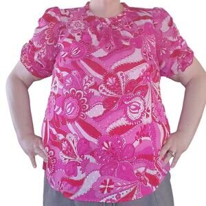 Rachel Zoe Pink Paisley Puff Sleeve Blouse Boho Mod Glam XL Coquette Modest